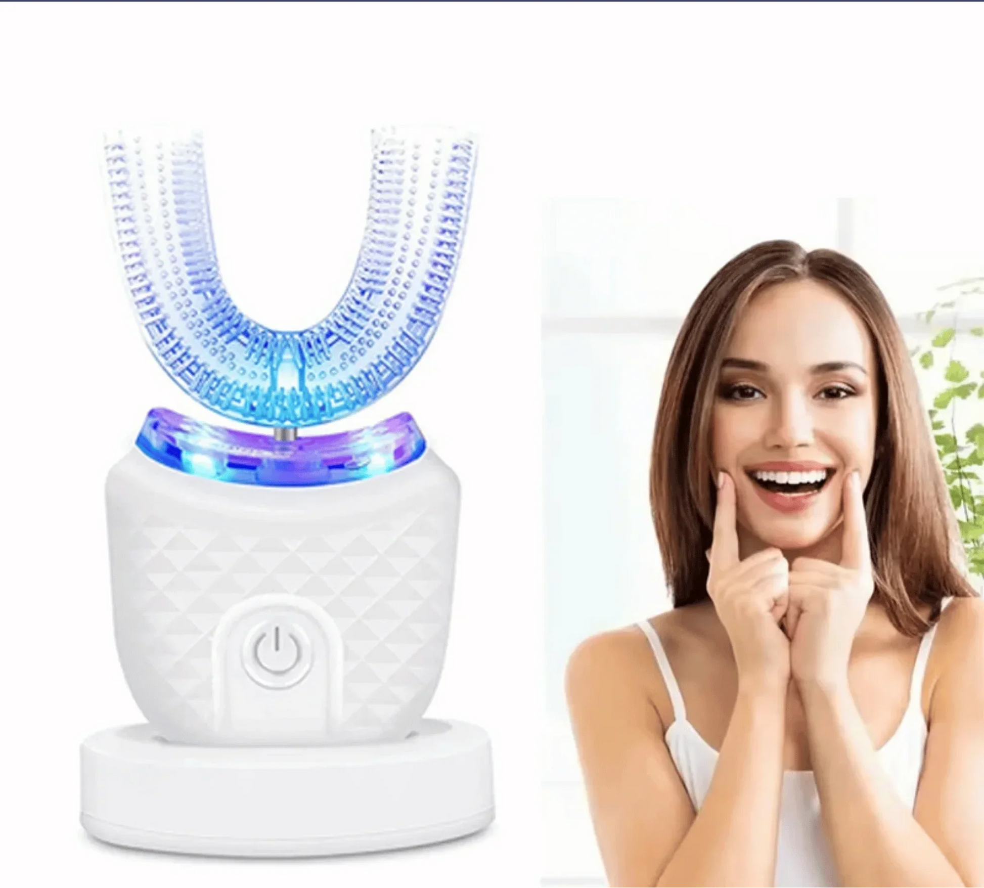 White dental device with blue light next to a woman with a visibly clean and radiant smile.
